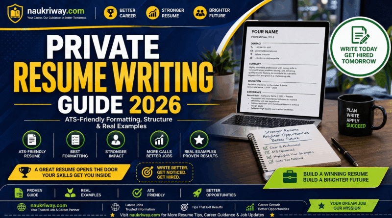 Private Resume Writing Guide 2026 showing ATS-friendly resume template on laptop screen with structured sections
